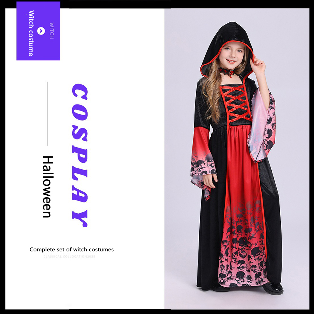 Women'S Red Formal Wear - Kırmızı Siyah Cadı Kostümü Kapüşonlu Uzun